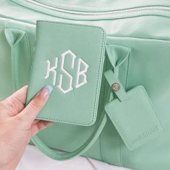 Monogrammed Travel Set -Fashion Clothing Store KgY personalized travel set in mint saffiano with weekend duffle bag