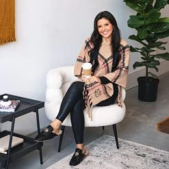 Monogrammed Plaid Poncho -Fashion Clothing Store LC6 camel plaid poncho on chair