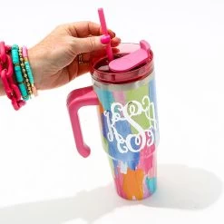 Monogrammed Travel Tumbler 14 Monogrammed Travel Tumbler -Fashion Clothing Store LSh paintbrush travel tumbler with hand holding straw in studio