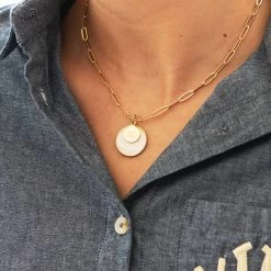 Monogrammed Layered Disc Necklace 9 Monogrammed Layered Disc Necklace -Fashion Clothing Store Lxq gold monogrammed layered shell necklace on neck
