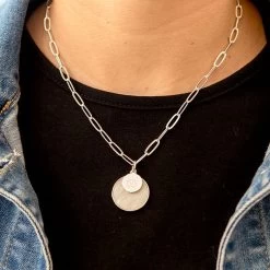 Monogrammed Layered Disc Necklace 11 Monogrammed Layered Disc Necklace -Fashion Clothing Store Lxq silver monogrammed layered shell necklace on neck