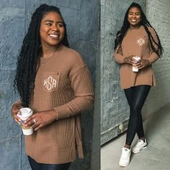 Monogrammed Waffle Crewneck Sweatshirt -Fashion Clothing Store M4w split image waffle crewneck sweatshirt in hickory