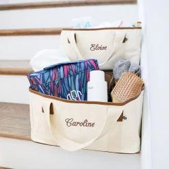Monogrammed Stair Basket -Fashion Clothing Store MA2 two stair baskets on stairs with names