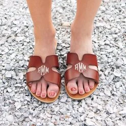 Monogrammed Cut Out Sandals 7 Monogrammed Cut Out Sandals -Fashion Clothing Store MB6 Sandals with Cut Outs on rocks