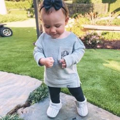 Monogrammed Baby Booties -Fashion Clothing Store MFy baby grey outfit with shoes and crewneck
