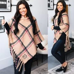 Monogrammed Plaid Poncho -Fashion Clothing Store Mvs camel plaid monogrammed poncho split image