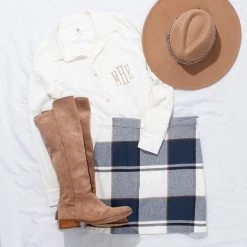 Pull On Skirt -Fashion Clothing Store NOf slate ivory plaid pull on skirt ootd tall boots hat white button up
