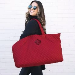 Monogrammed Diamond Quilted Weekender -Fashion Clothing Store NTI brunette wearing red diamond quilted weekender