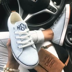 Monogrammed Seersucker Sneakers -Fashion Clothing Store Nhb seersucker sneakers in car