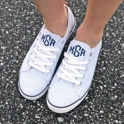 Monogrammed Seersucker Sneakers -Fashion Clothing Store Nhb seersucker sneakers on asphalt