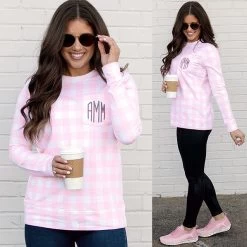 Monogrammed Gingham Sweatshirt -Fashion Clothing Store OSX front and side of monogrammed gingham sweatshirt