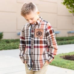 Monogrammed Kids Plaid Layering Tunic -Fashion Clothing Store OT0 orange boys plaid shirt