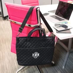 Monogrammed Quilted Laptop Bag -Fashion Clothing Store PGX black quilted laptop bag on chair