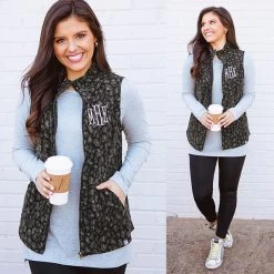 Monogrammed Leopard Fleece Vest -Fashion Clothing Store PKP black leopard fleece vest split