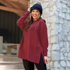 Monogrammed Crewneck Sweatshirt -Fashion Clothing Store PaJ crimsom crewneck sweatshirt on brunette with black beanie in mountains