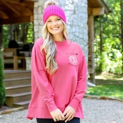 Monogrammed Crewneck Sweatshirt -Fashion Clothing Store PaJ pink crewneck sweatshirt with pink beanie outside mountians cabin