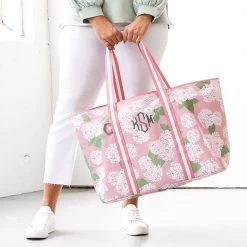 Monogrammed Extra Large Tote Bag -Fashion Clothing Store PpR pink hydrangea extra large tote bag in hands