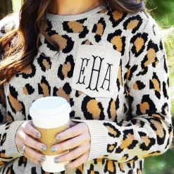 Monogrammed Leopard Boyfriend Sweater -Fashion Clothing Store PrL leopard boyfriend sweater monogram detail