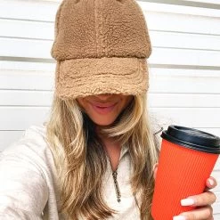 Sherpa Baseball Hat -Fashion Clothing Store PrO sherpa hat on blonde with coffee