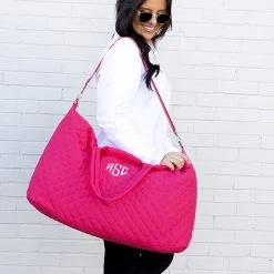 Monogrammed Diamond Quilted Weekender -Fashion Clothing Store PsH HOT PINK diamond quilted weekender on shoulder