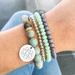 Monogrammed Stackable Bracelet Set -Fashion Clothing Store QIY mint stackable bracelet on arm