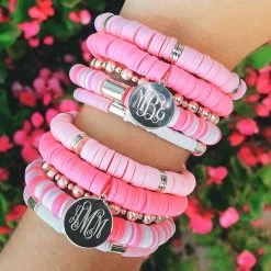 Monogrammed Mix Bead Bracelet Stack -Fashion Clothing Store QS0 monogrammed blush mix bead bracelet sets with flowers