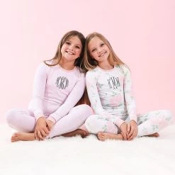 Monogrammed Kids Pajamas -Fashion Clothing Store QWI youth kids monogrammed pajama set in pink and white stripes and peony flowers grey mono