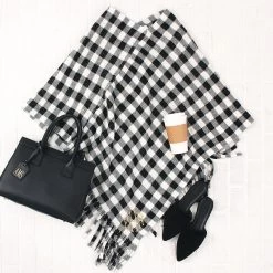 Monogrammed Buffalo Plaid Poncho 6 Monogrammed Buffalo Plaid Poncho -Fashion Clothing Store R5V monogrammed buffalo plaid fringe poncho in black and white
