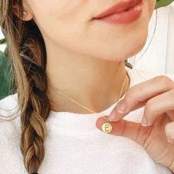Stamped Initial Necklace -Fashion Clothing Store RMM stamped initial necklace selfie