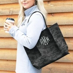 Monogrammed Camo Tote -Fashion Clothing Store Rcc monogrammed camo tote over shoulder