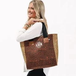 Monogrammed Purse Tote -Fashion Clothing Store Rm5 monogrammed purse tote over shoulder in leopard dottie