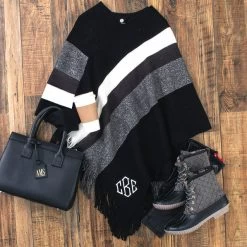Monogrammed Striped Poncho 11 Monogrammed Striped Poncho -Fashion Clothing Store Rq4 black striped poncho ootd2