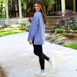 Monogrammed Crewneck Sweatshirt -Fashion Clothing Store S7g cornflower crewneck back view outside cabin