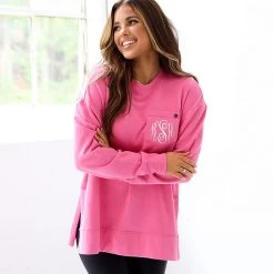 Monogrammed Crewneck Sweatshirt -Fashion Clothing Store S7g pink crewneck sweatshirt in studio with girls arms crossed