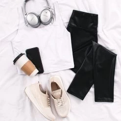 Faux Leather Leggings -Fashion Clothing Store Ska faux leather leggings with workout athletic outfit