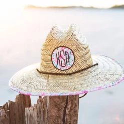Monogrammed Straw Hat -Fashion Clothing Store Soc coral floral straw hat on beach