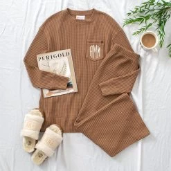 Monogrammed Waffle Crewneck Sweatshirt -Fashion Clothing Store T9z hickory waffle crewneck and wide leg pants ootd on bed wtih slippers and magazine