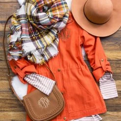 Monogrammed Plaid Scarf -Fashion Clothing Store TCu new orange scarf with field jacket