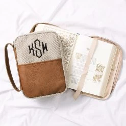 Monogrammed Bible Carrier -Fashion Clothing Store TIK brown bible carrier on white sheet 02