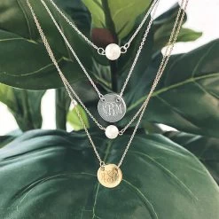 Monogrammed Layered Pearl Necklace -Fashion Clothing Store TqB monogrammed silver and gold pearl and disc necklaces