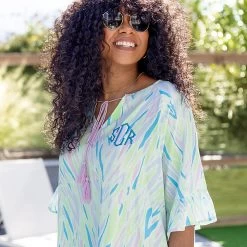 Monogrammed Cover Up -Fashion Clothing Store Tur close up of monogrammed blue safari swimsuit cover up