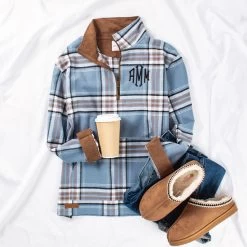 Monogrammed Plaid Pullover -Fashion Clothing Store UEy denim plaid pullover flatlay