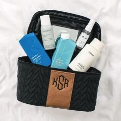 Monogrammed Quilted Travel Train Case -Fashion Clothing Store UGm black and brown quilted travel train case flatlay