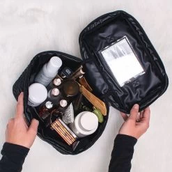 Monogrammed Quilted Travel Train Case -Fashion Clothing Store UGm black and brown quilted travel train case inside shot