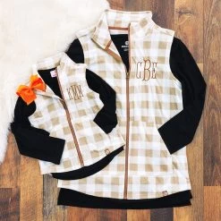 Monogrammed Kids Buffalo Plaid Fleece Vest -Fashion Clothing Store UKg mom and me tan buffalo fleece vests