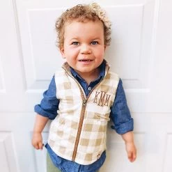 Monogrammed Kids Buffalo Plaid Fleece Vest -Fashion Clothing Store UKg monogrammed kids tan buffalo vest