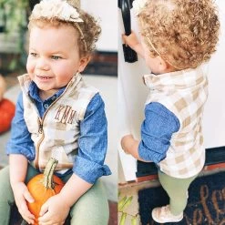 Monogrammed Kids Buffalo Plaid Fleece Vest -Fashion Clothing Store UKg tan buffalo kids vest front and back