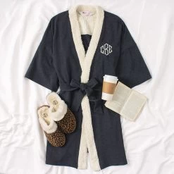 Monogrammed Sherpa Robe -Fashion Clothing Store UNh Monogrammed Sherpa Robe on bed sheet with book