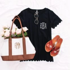Monogrammed Scalloped Top -Fashion Clothing Store UoM black scalloped tee with purse