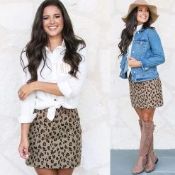 Pull On Skirt -Fashion Clothing Store V0F leopard pull on skirt with button down tunic and jean jacket